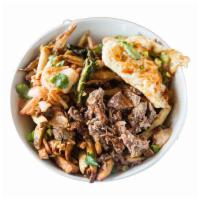 Kimchi Fries · Hand-cut fries topped with shredded pork and egg with kimchi and homemade kimchi sauce.