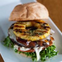 Hawaiian Burger · Short rib patty, homemade brioche, lettuce, tomato, Swiss cheese, bacon, mayo, red onion, te...