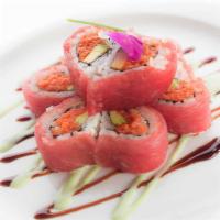 Sweetheart Roll · Spicy tuna avocado crunch and tobiko wrapped with fresh tuna. Hot and spicy.