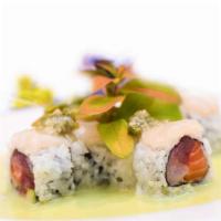 Charlotte Roll · Salmon, tuna, avocado top with scallop.