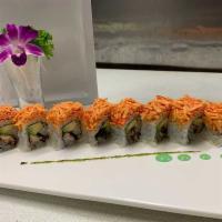 New York Roll · Eel, avocado, cucumber top with spicy crabmeat and crunch. Hot and spicy.