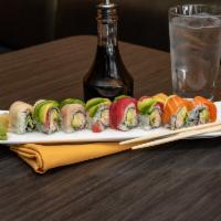 Rainbow Roll · California roll topped with assorted fish.