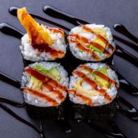 (f045) Shrimp Tempura Roll · Four pieces. Shrimp tempura, avocado and cucumber roll. Topped with eel sauce.