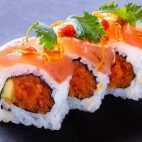 (a002) Yuzu Albacore Roll · Spicy. Five pieces. Spicy tuna and cucumber roll. Topped with Sriracha, cilantro, fried onio...