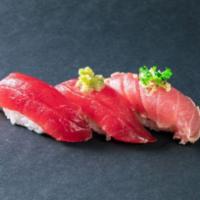 (b213) Tuna Sampler Sushi · Three pieces.
