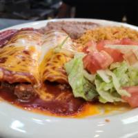 Cheese Enchilada Plate · 3 cheese enchiladas topped with tex mex sauce melted with cheddar cheese. Served with rice, ...