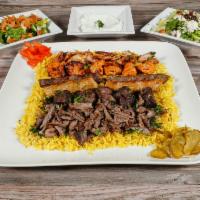 Family Combo Meal No. 1 Serves 3-4 People · 5 pieces tawook, 1 kafta, 1 chicken kafta, 5 pieces beef kabob, chicken shawarma , beef shaw...