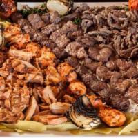 Family Combo Meal No. 3 Serves 10 People · Two 7 pieces tawook, 3 kafta, 3 chicken kafta, two 5 pieces beef kabob, chicken shawarma , b...