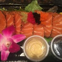 Salmon Tataki · Briefly-seared salmon, mixed spring salad and yuzu wasabi sauce.