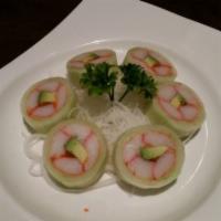 Zen · Crab stick, avocado, cucumber, tobiko, rolled with thin peeled cucumber, sanbaisu vinegar sa...