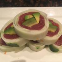 Johnson Ave Roll · Tuna, tobiko, avocado rolled with cucumber.