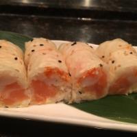 Nemo Roll · Inside: white tuna, tuna, mayo, tobiko. Outside: soybean paper, topped with salmon and spicy...