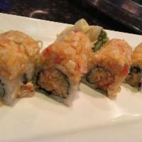 J.B. Roll · Spicy king crab, tobiko, crunch, scallion inside, outside with mayo.