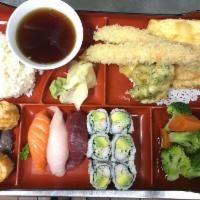 Dinner Bento Box · White or brown rice, vegetable of the day, fried crab shumai, a California roll and 3 pieces...