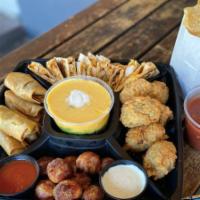 Fiesta Appetizer Tray · Serves 5-6 and includes Chicken Fajita Quesadillas, Baja Chicken bites, Stuffed Jalapeños, B...