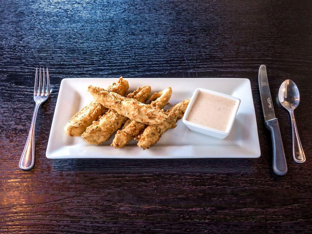 Crispy Pickles · Pickle spears hand battered to order and flash fried, served with habanero ranch.