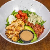 Cobb Salad · Grilled chicken breast, bacon, blue cheese, avocado, grape tomatoes, hardboiled egg, romaine...