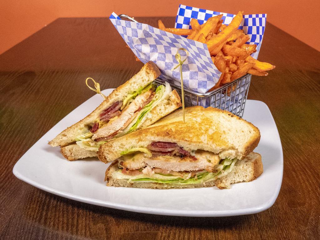 Tru Chicken Sandwich · Marinated all natural chicken breast, avocado, lettuce, tomatoes, applewood bacon, swiss cheese, herb mayo on your choice of whole wheat or sourdough bread.
