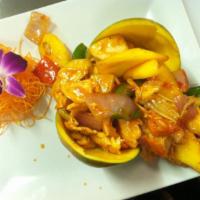 89. Mango Chicken · Mango chicken and vegetable with chef special sauce. Hot and spicy.