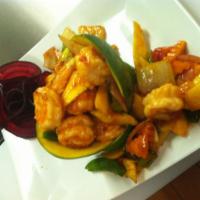 90. Mango Shrimp · Mango shrimp and vegetable with chef special sauce. Hot and spicy.
