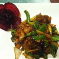 99. Crispy Spicy Shrimp · Crispy shrimp sauteed with vegetable in spicy brown sauce. Hot and spicy.