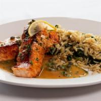 Pan Seared Salmon Piccata · spicy salmon fillet with zesty lemon caper sauce, orzo, fresh spinach
