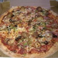 The Works Pizza · Pepperoni, mushroom, sausage, onion, green pepper, olive and salami.