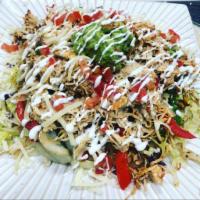 Fajita Salad · Lettuce with rice, beans and fajita veggies topped with your choice of meat. Sour cream, pic...