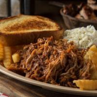 Pulled Pork Platter. · Seasoned and hickory-smoked pork, tossed with BBQ sauce and piled high. Served with our famo...