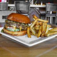 Green Chile Lucy · Sharp cheddar cheese between two american kobe beef patties, chipotle mayo, lettuce, tomato ...