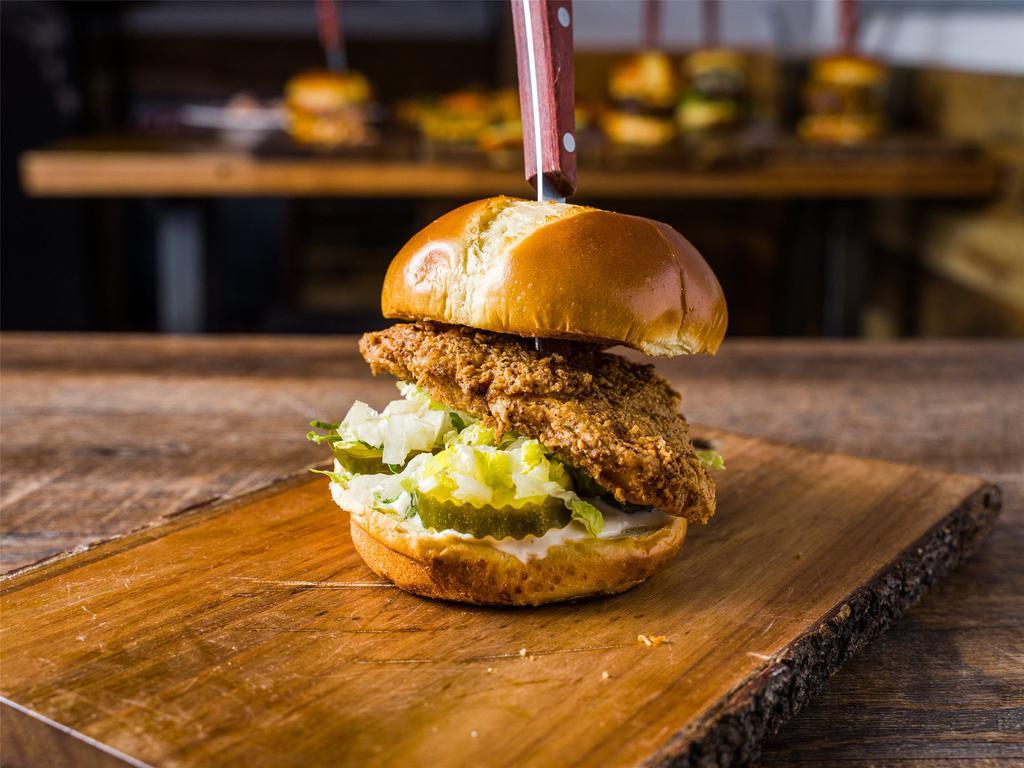 Crispy Chicken Sandwich · Crispy chicken breast with lettuce, pickles and herb mayo. Grilled chicken available upon request.