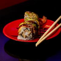 Dragon Roll · Shrimp tempura, avocado, eel on top.