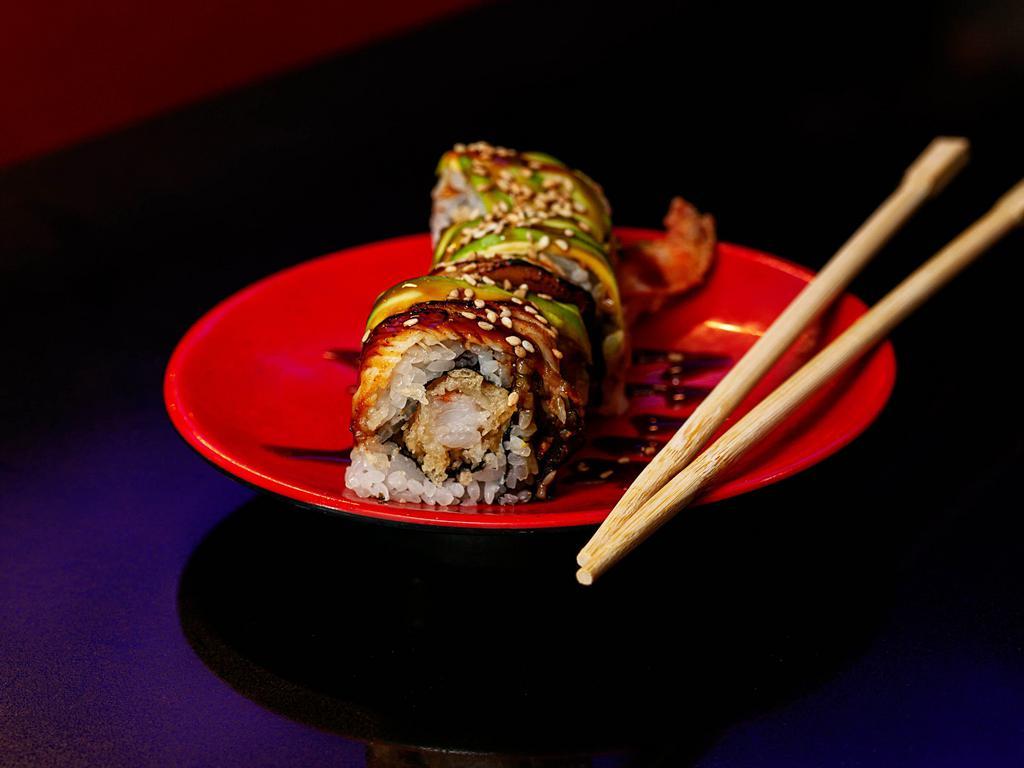 Dragon Roll · Shrimp tempura, avocado, eel on top.