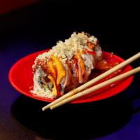 Red Devil Roll · Shrimp tempura inside, kani, mayo, eel sauce, crunchy on top.