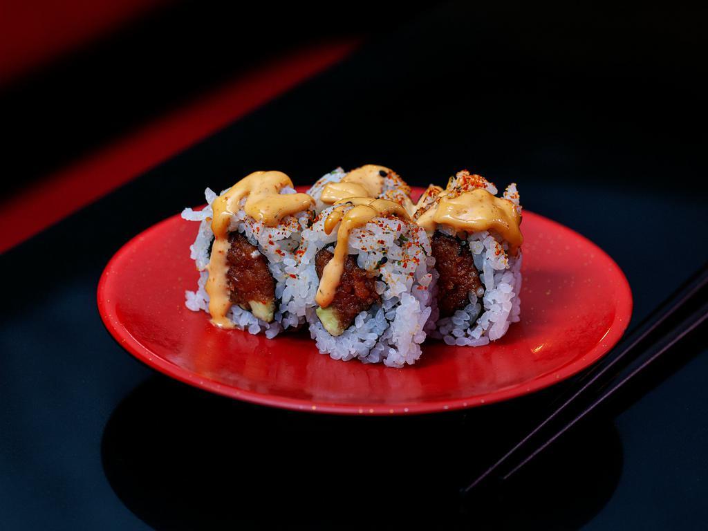 Spicy Tuna Roll · Raw. Spicy tuna, avocado inside and spicy mayo on top.