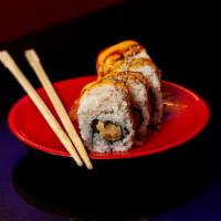 Tiger Roll · Tempura shrimp inside, crab salad on top, sesame seed, eel sauce, and spicy mayo.