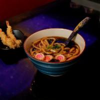 Udon · Thick noodle soup, 2 pieces tempura shrimp.