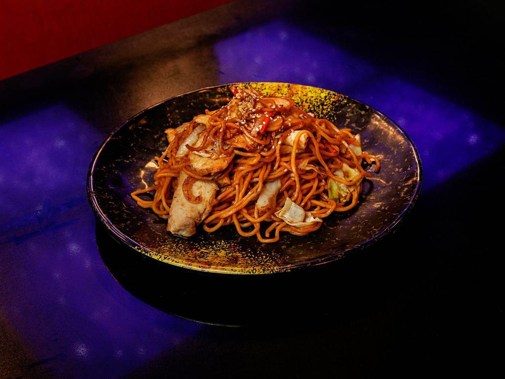Yakisoba · Chicken or shrimp, cabbage, onion, and sesame seeds.