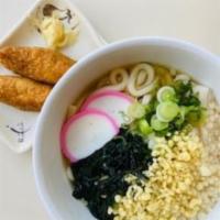 Tanuki Udon with Inari sushi (Fall special) · Tempura crunch, wakame seaweed, fish cakes and scallion come on top of udon noodle. No subst...