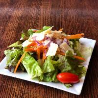 Moon Salad · Red leaf lettuce, grape tomatoes, carrots, red onions, garlic croutons, shaved Romano and ba...