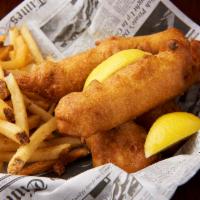 Fish and Chips · Beer-battered Alaskan cod, served British-style with fries and malt vinegar.