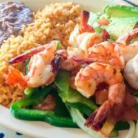 Shrimp Fajita Dinner Plate Plate · Served with rice, beans, tortillas & guacamole.