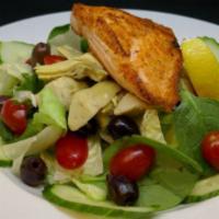 Salmon Salad · Mixed greens, olives, tomatoes, artichoke hearts, cucumber and Caesar dressing.