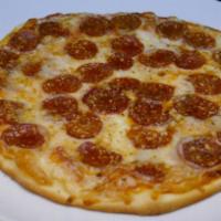 Pepperoni Pizza · Pizza sauce, Provel cheese mix, oregano and Parmesan.