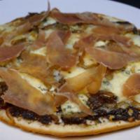 Fig and Pig Pizza · Fig sauce, prosciutto, taleggio and Gorgonzola cheeses, caramelized onion and rosemary.