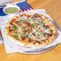 Al Pastor Mexican Pizza   · Adobo chipotle sauce, Monterrey Jack cheese, marinated pork, yellow onion, garnished with fr...