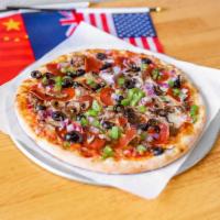 Supreme Pizza · Pizza sauce, sausage, pepperoni, mushrooms, red onion, green peppers, black olives. 