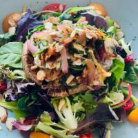 Stuffed Portobello Salad · Spinach, onion, almonds, goat cheese and mozzarella. Served on mixed greens. Add chicken and...