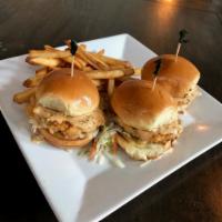 Hawaiian Shrimp & Crabcake Sliders · delectable seafood sliders topped with Hawaiian slaw and a Cajun Island remoulade
