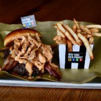 Wild Game Burger · Mouthwatering, seasoned elk burger, topped with provolone, Applewood smoked bacon, crispy on...